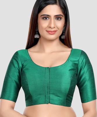 Rama green kora soilk solid readymade saree blouse with round neckline 1