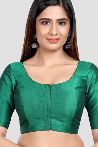 Rama green kora soilk solid readymade saree blouse with round neckline