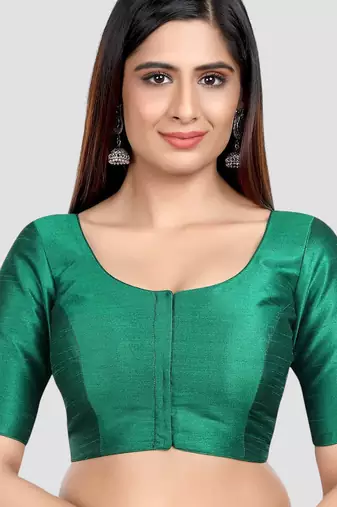 Rama green kora soilk solid readymade saree blouse with round neckline
