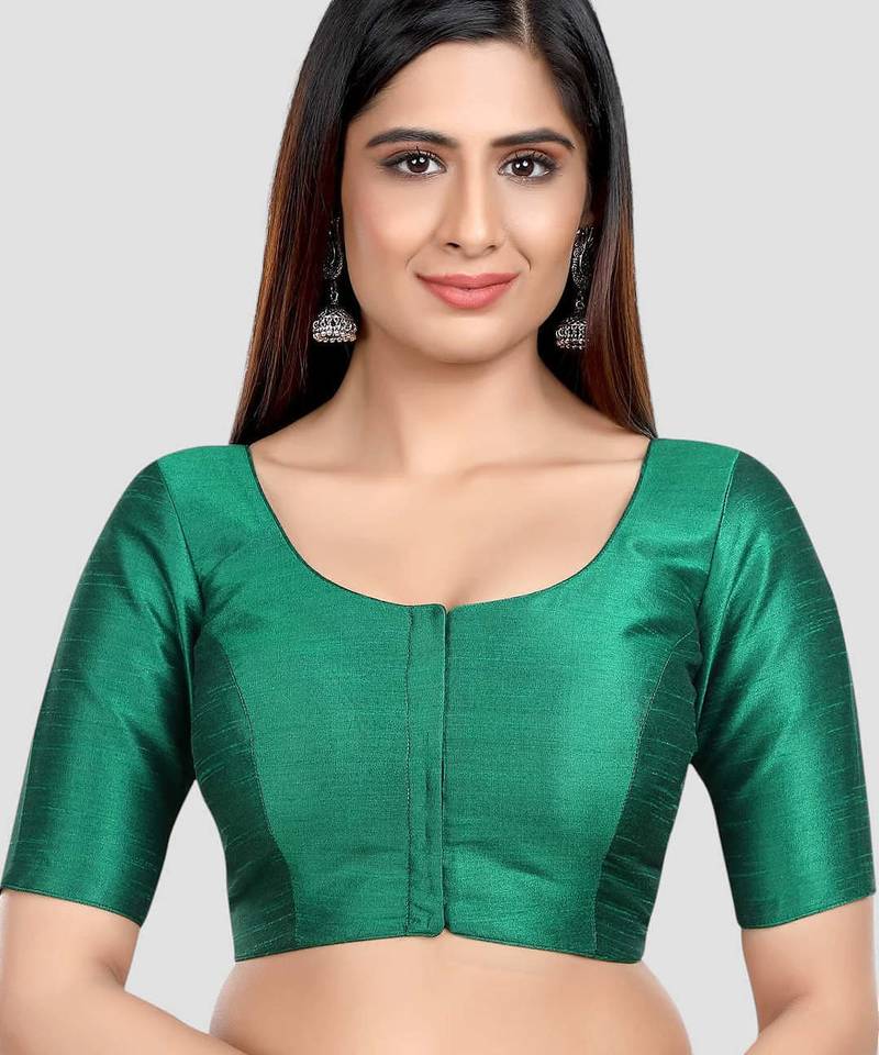 Rama green kora soilk solid readymade saree blouse with round neckline