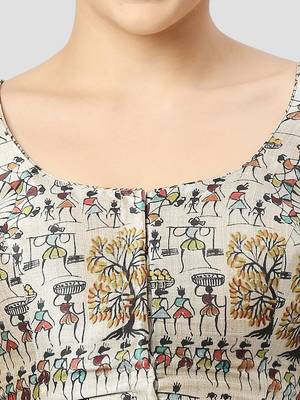 Light grey silk printed round neck half sleeves readymade saree blouse 5