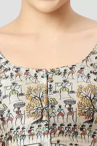 Light grey silk printed round neck half sleeves readymade saree blouse