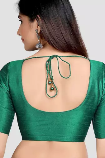 Rama green kora soilk solid readymade saree blouse with round neckline