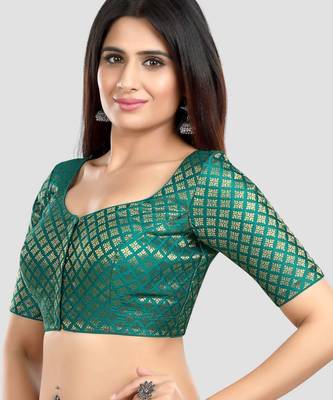 Brocade rama green elbow sleeves round neck padded readymade saree blouse 4