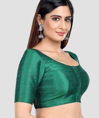 Rama green kora soilk solid readymade saree blouse with round neckline 3