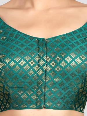 Brocade rama green elbow sleeves round neck padded readymade saree blouse 5