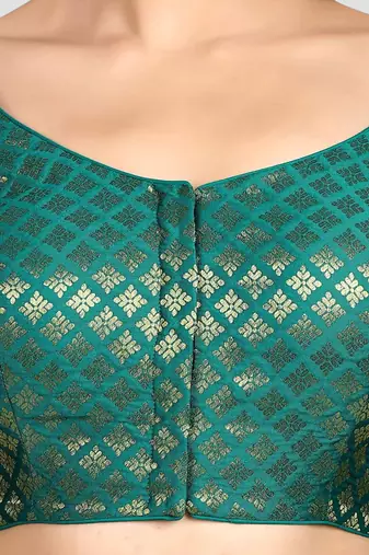 Brocade rama green elbow sleeves round neck padded readymade saree blouse