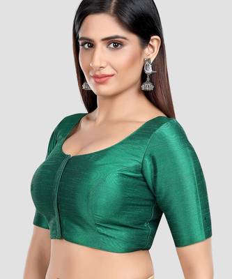 Rama green kora soilk solid readymade saree blouse with round neckline 4