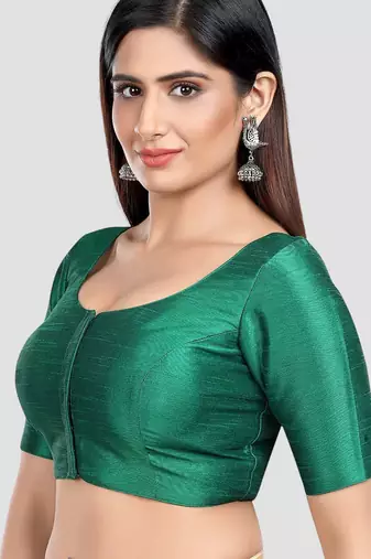 Rama green kora soilk solid readymade saree blouse with round neckline