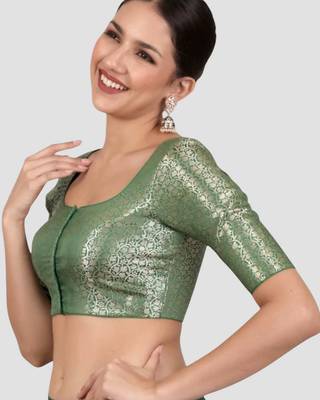 Green brocade padded saree blouse 4