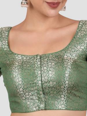 Green brocade padded saree blouse 5
