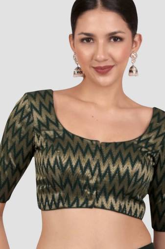 Green & gold zigzag pattern cotton readymade saree blouse
