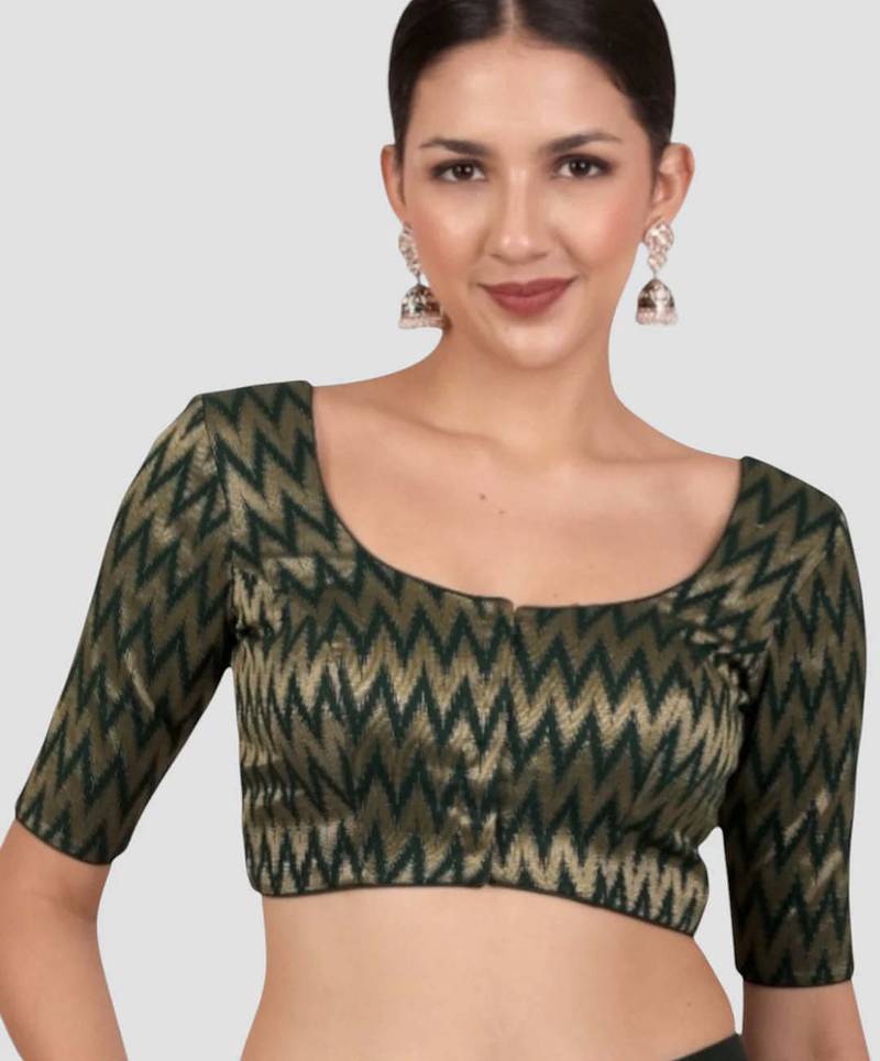 Green & gold zigzag pattern cotton readymade saree blouse