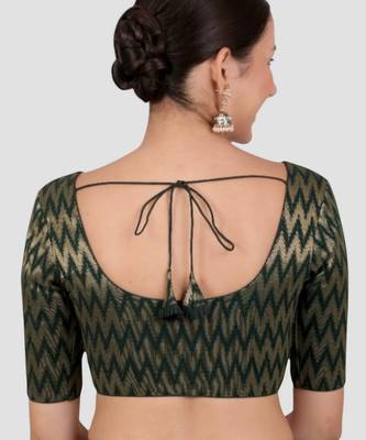 Green & gold zigzag pattern cotton readymade saree blouse 2