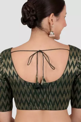 Green & gold zigzag pattern cotton readymade saree blouse
