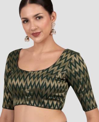 Green & gold zigzag pattern cotton readymade saree blouse 3
