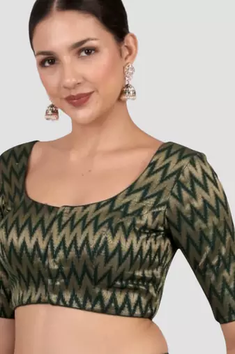Green & gold zigzag pattern cotton readymade saree blouse