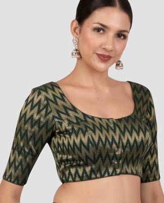 Green & gold zigzag pattern cotton readymade saree blouse 4