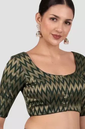Green & gold zigzag pattern cotton readymade saree blouse