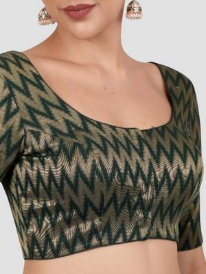 Green & gold zigzag pattern cotton readymade saree blouse 5