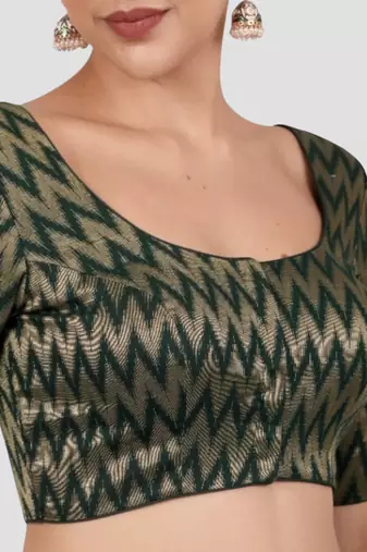 Green & gold zigzag pattern cotton readymade saree blouse
