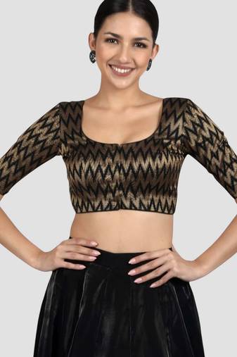 Black & gold zigzag pattern cotton readymade saree blouse