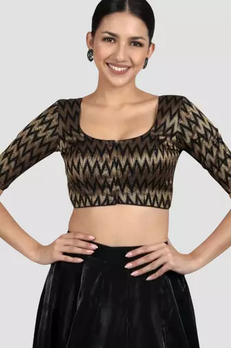 Black & gold zigzag pattern cotton readymade saree blouse
