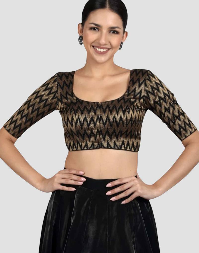 Black & gold zigzag pattern cotton readymade saree blouse