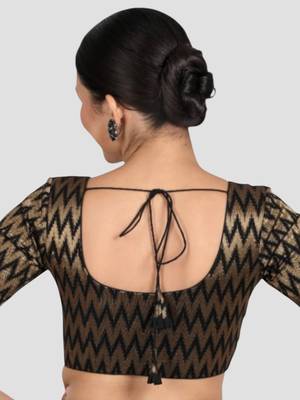 Black & gold zigzag pattern cotton readymade saree blouse 2