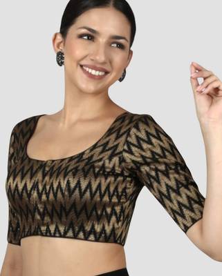 Black & gold zigzag pattern cotton readymade saree blouse 3