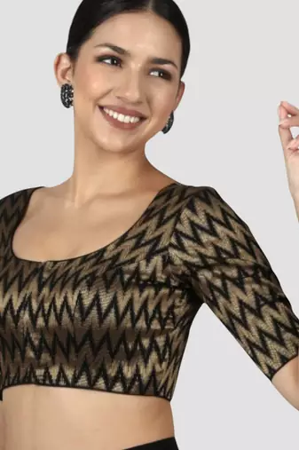 Black & gold zigzag pattern cotton readymade saree blouse