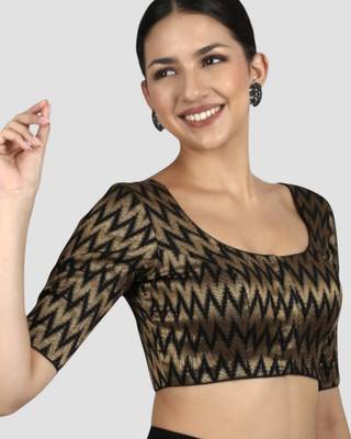 Black & gold zigzag pattern cotton readymade saree blouse 4
