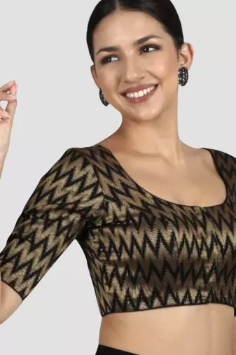 Black & gold zigzag pattern cotton readymade saree blouse