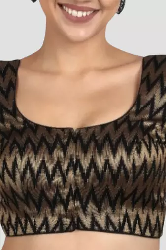Black & gold zigzag pattern cotton readymade saree blouse