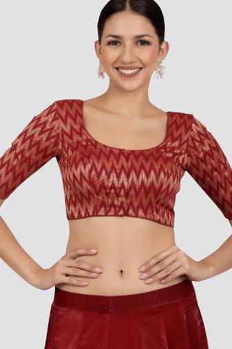 Maroon & gold zigzag pattern cotton readymade saree blouse