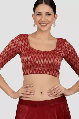 Maroon & gold zigzag pattern cotton readymade saree blouse