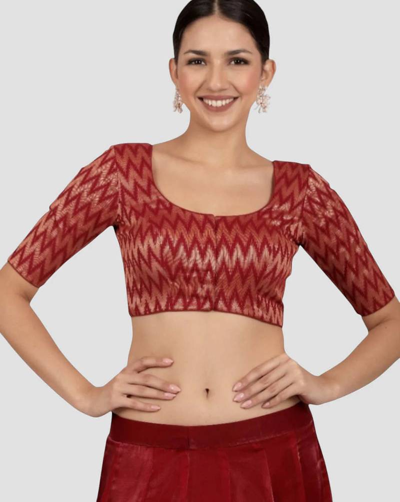 Maroon & gold zigzag pattern cotton readymade saree blouse