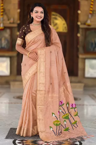 soft pure muga cotton  saree with meenakari  weaving  motifs and contrast blouse
