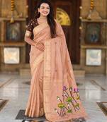 soft pure muga cotton  saree with meenakari  weaving  motifs and contrast blouse