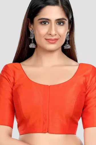 Rust kora silk elbow sleeves round neck padded readymade saree blouse
