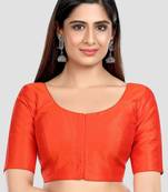 Rust kora silk elbow sleeves round neck padded readymade saree blouse