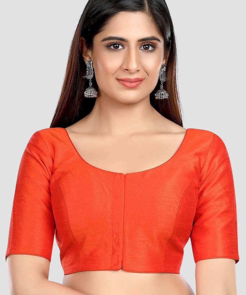 Rust kora silk elbow sleeves round neck padded readymade saree blouse