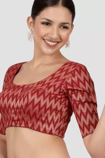 Maroon & gold zigzag pattern cotton readymade saree blouse
