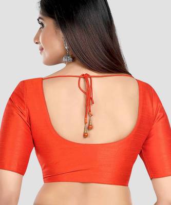 Rust kora silk elbow sleeves round neck padded readymade saree blouse 2