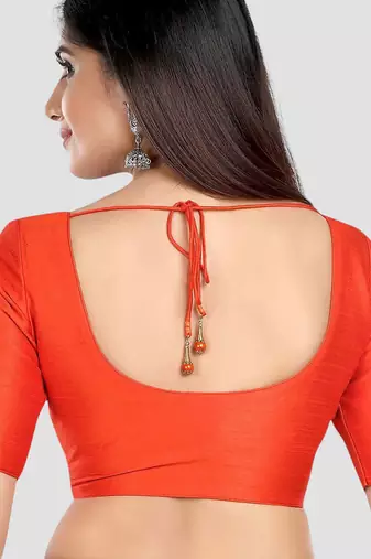 Rust kora silk elbow sleeves round neck padded readymade saree blouse