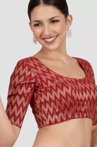 Maroon & gold zigzag pattern cotton readymade saree blouse