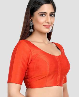 Rust kora silk elbow sleeves round neck padded readymade saree blouse 3