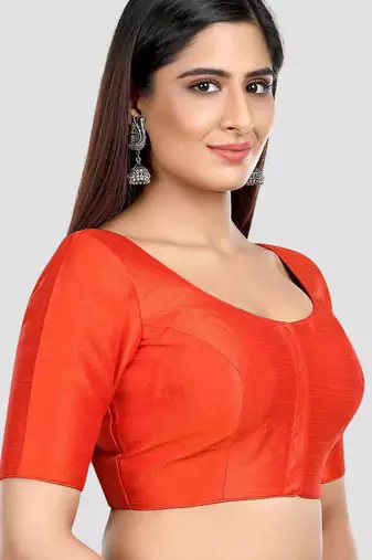 Rust kora silk elbow sleeves round neck padded readymade saree blouse