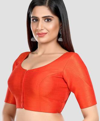 Rust kora silk elbow sleeves round neck padded readymade saree blouse 4