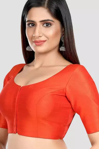 Rust kora silk elbow sleeves round neck padded readymade saree blouse